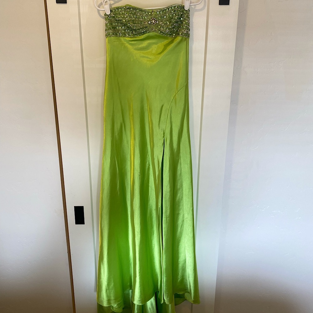 Lime Green Chartreuse Silky Prom Dress with Slit & Embellished Top